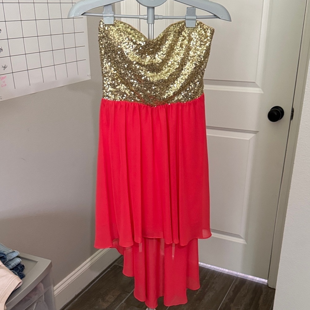 As U Wish Gold and Coral High Low Dress